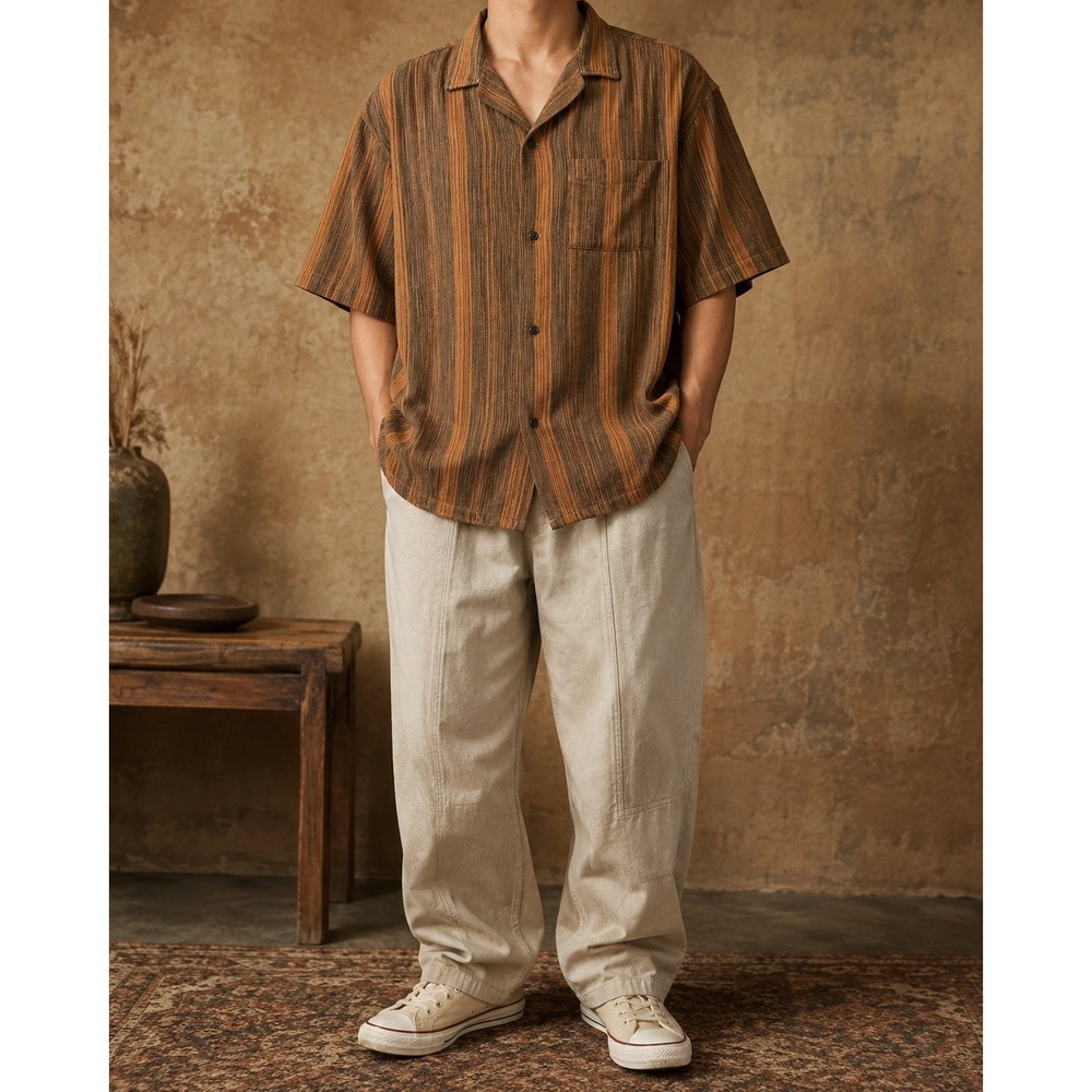 Imogene and Willie Mens XXL Brown Striped Short Sleeve Camp Collar Shirt Cotton